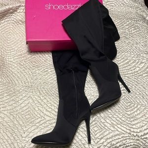 Size 8M Wide Calf Over The Knee Stiletto Heeled Boots, Svetlana, Black.